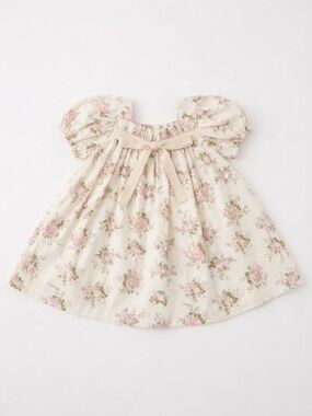 Floral Puff Sleeve Girls Dress with Bow / Cream & Pink - Style of DOEN